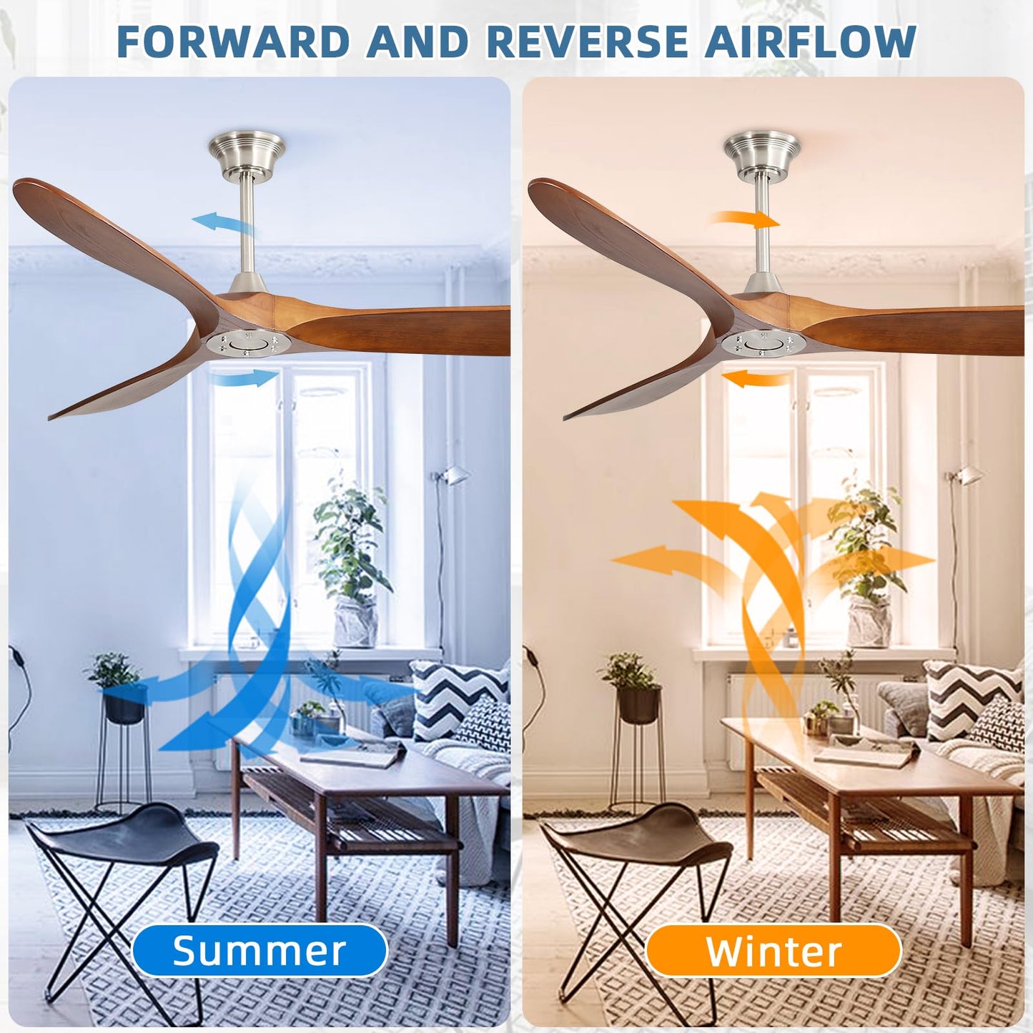 CACI Mall 60 inch 3 blade wood ceiling fan no Light, Solid, Quiet, Reversible DC Motor, Outdoor, Indoor Ceiling Fan for Living Room, Patio, Bedroom, Porch, Farmhouse