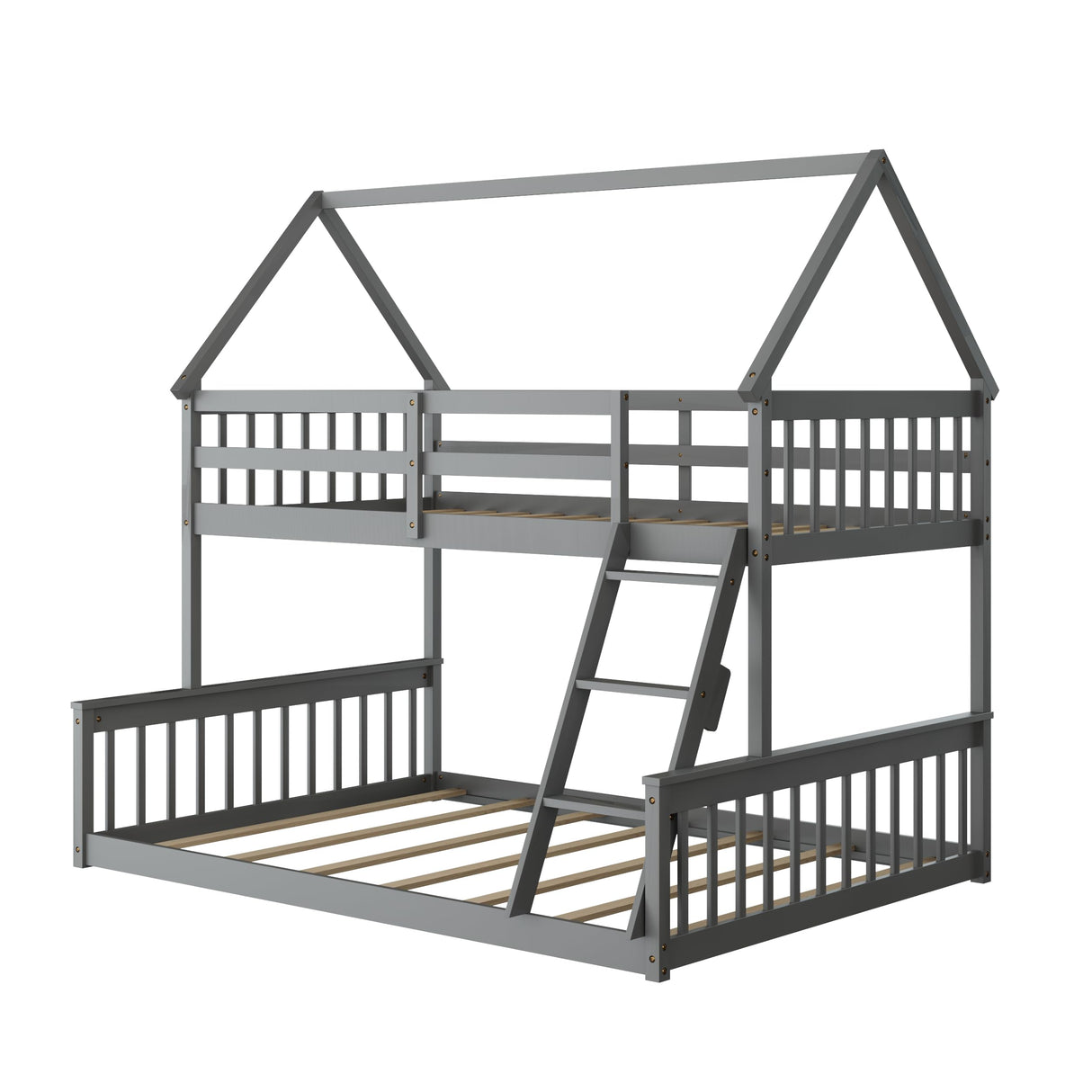 KOMFOTT Grey Twin Over Full House Bunk Bed with Integrated Ladder and Safety Guardrails KOMFOTT