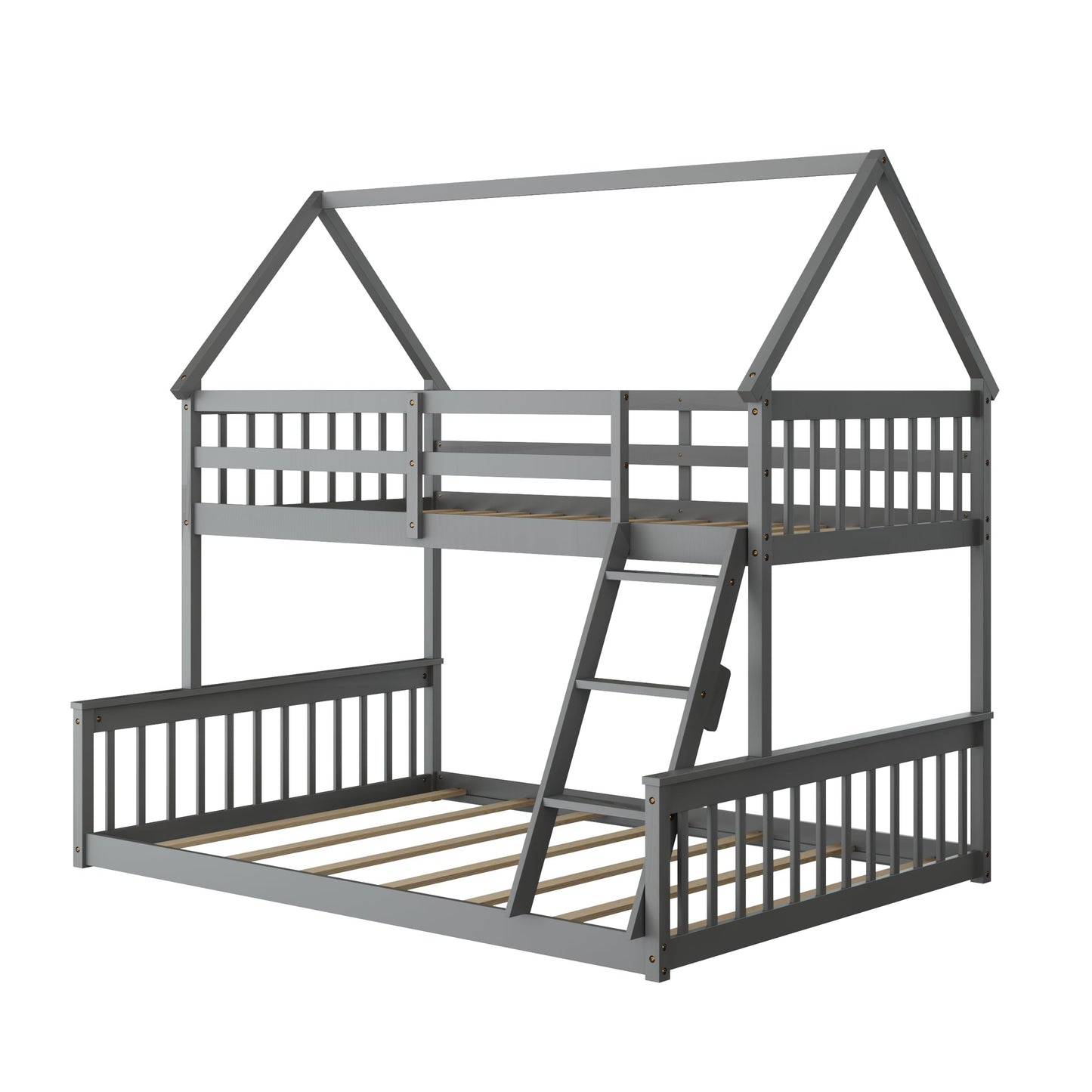 KOMFOTT Grey Twin Over Full House Bunk Bed with Integrated Ladder and Safety Guardrails - WoodArtSupply