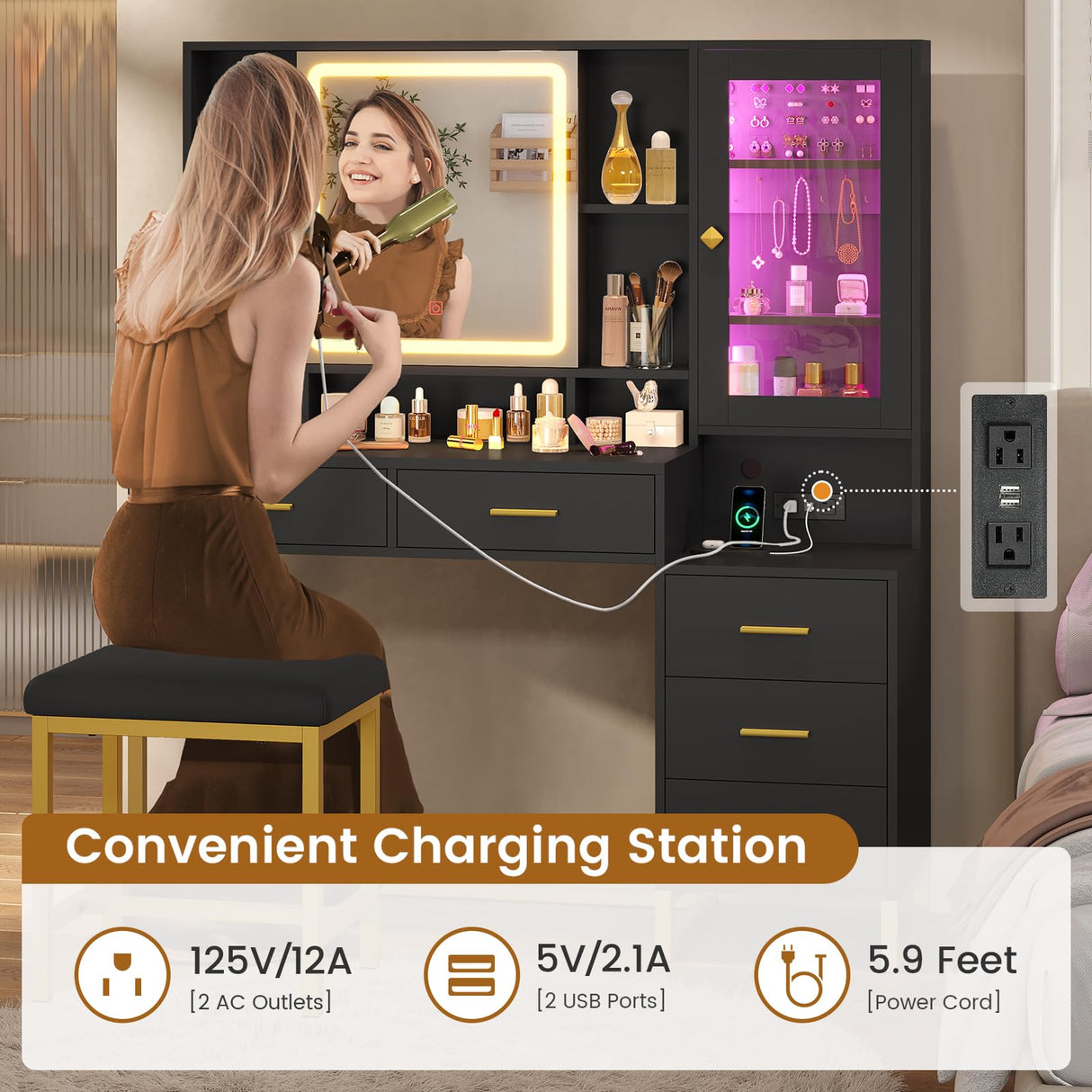 BTHFST Makeup Vanity with Upholstered Stool & Charging Station, Vanity Desk with Mirror and Lights & Jewelry Storage, Vanity Table Set with RGB Lights & 5 Drawers & Shelves, Black & Gold BTHFST