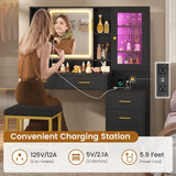 BTHFST Makeup Vanity with Upholstered Stool & Charging Station, Vanity Desk with Mirror and Lights & Jewelry Storage, Vanity Table Set with RGB Lights & 5 Drawers & Shelves, Black & Gold BTHFST