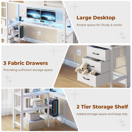 BTHFST Twin Loft Bed with L-Shaped Desk, LED Lights, Charging Station & Storage Solutions BTHFST