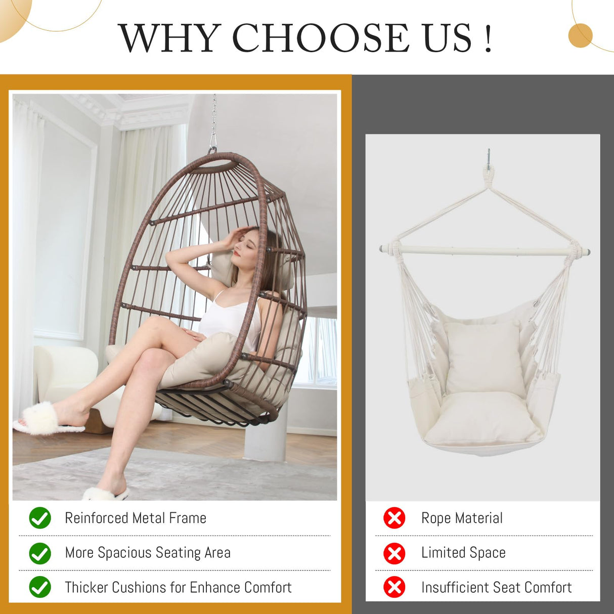 BULEXYARD Hanging Egg Chair Without Stand 350lbs Capacity, Brown Wicker Swing Egg Chair with Beige Cushion for Indoor/Outdoor Patio Porch Balcony, Foldable Hammock & Tree/Ceiling/Beam Mount BULEXYARD