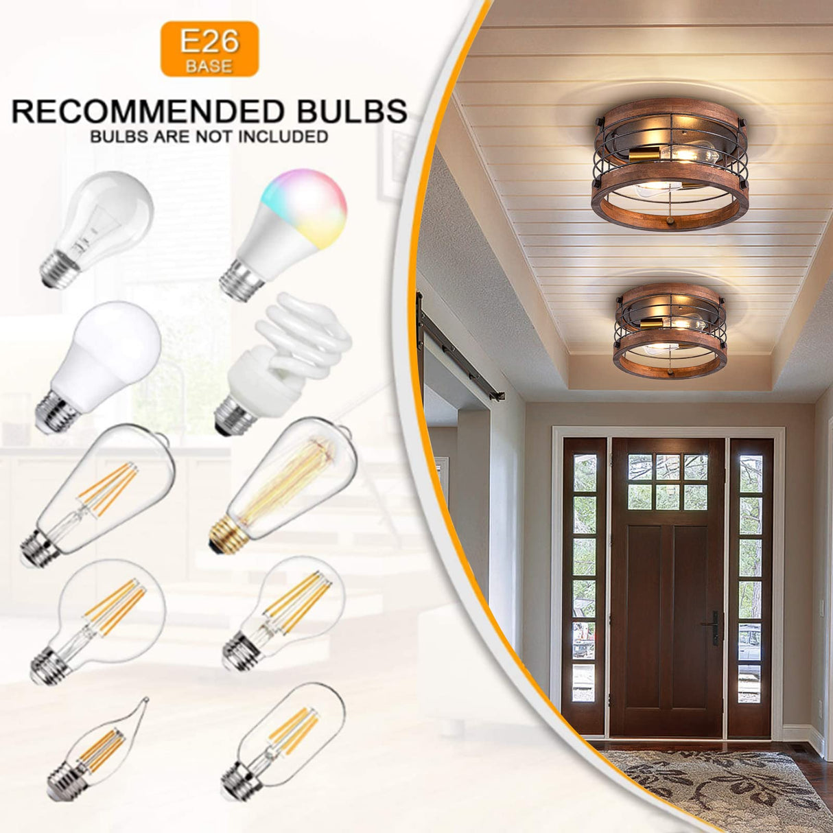 wochos Farmhouse Flush Mount Ceiling Light, 12.6 Inch 2-Light Metal and Wood Close to Ceiling Light Fixture, Rustic Drum Semi Ceiling Light for Kitchen, Dining Room, Living Room, Hallway, Entryway wochos