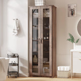 Teekyooly 70" Tall Display Cabinet Storage, Pantry Cabinet with 2 Doors and 6 Adjustable Shelves, Standing Utility Cabinet for Dining Room, Food Storage and Kitchen, Clear and Brown Teekyooly