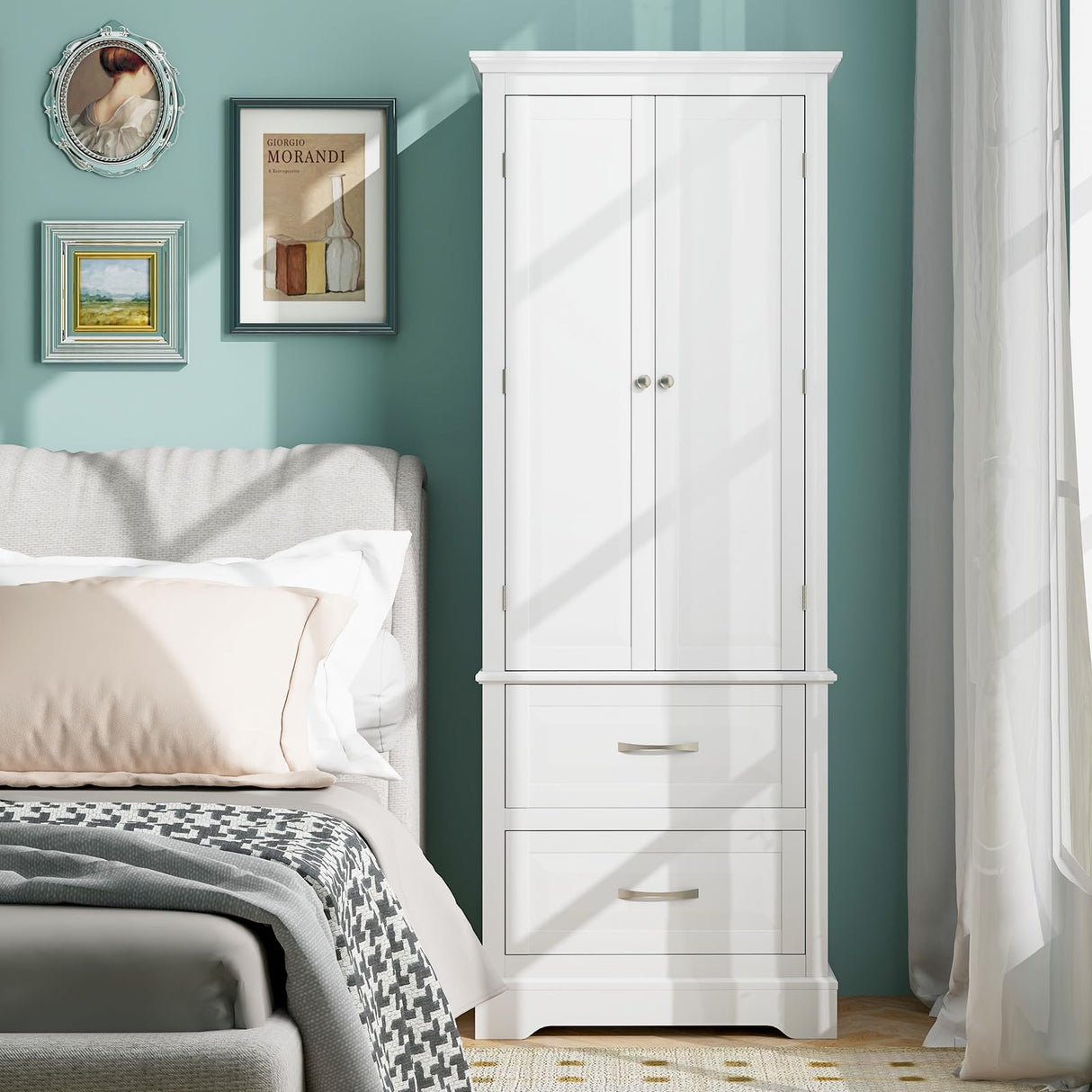 Tangkula 62" H Kitchen Pantry Cupboard, Freestanding Storage Cabinet w/Adjustable Shelves & 2 Large Drawers, Tall Floor Cabinet Home Storage for Kitchen Living Room Bathroom (White) Tangkula