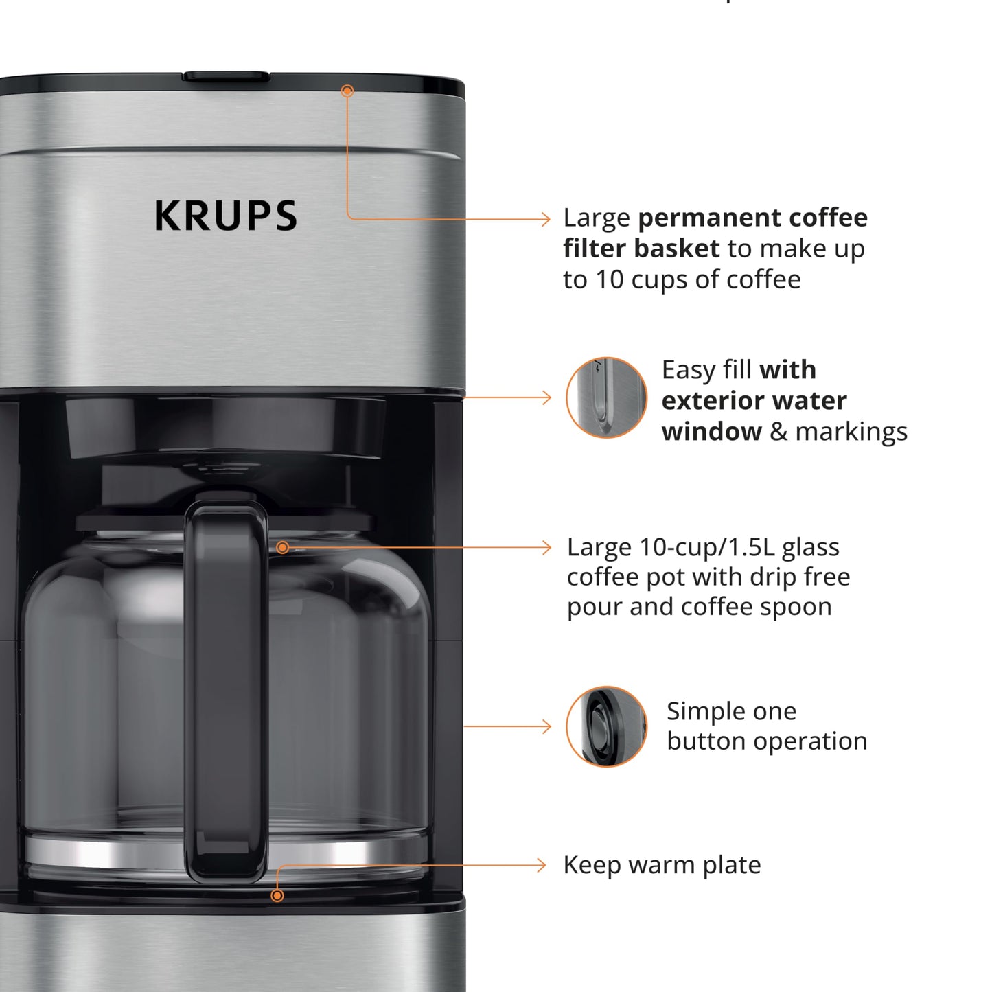 KRUPS Coffee Maker 10 Cups Simply Brew Stainless Steel Drip Coffee Maker, 900 Watts Coffee Filter, Drip Free, Dishwasher Safe Pot Silver and Black