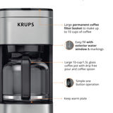 KRUPS Coffee Maker 10 Cups Simply Brew Stainless Steel Drip Coffee Maker, 900 Watts Coffee Filter, Drip Free, Dishwasher Safe Pot Silver and Black KRUPS