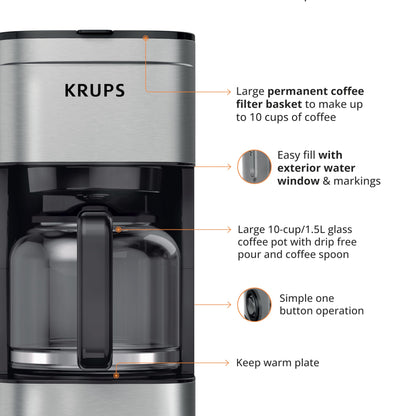 KRUPS Coffee Maker 10 Cups Simply Brew Stainless Steel Drip Coffee Maker, 900 Watts Coffee Filter, Drip Free, Dishwasher Safe Pot Silver and Black