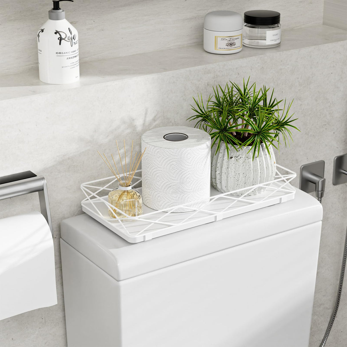 Lixple Toilet Paper Basket Holder, 13" Bathroom Tray Countertop, Wood and Metal Toilet Tank Tray Bathroom Vanity Organizer for Toiletry, Kitchen Sink Organizer for Soap Dispenser (White) Lixple