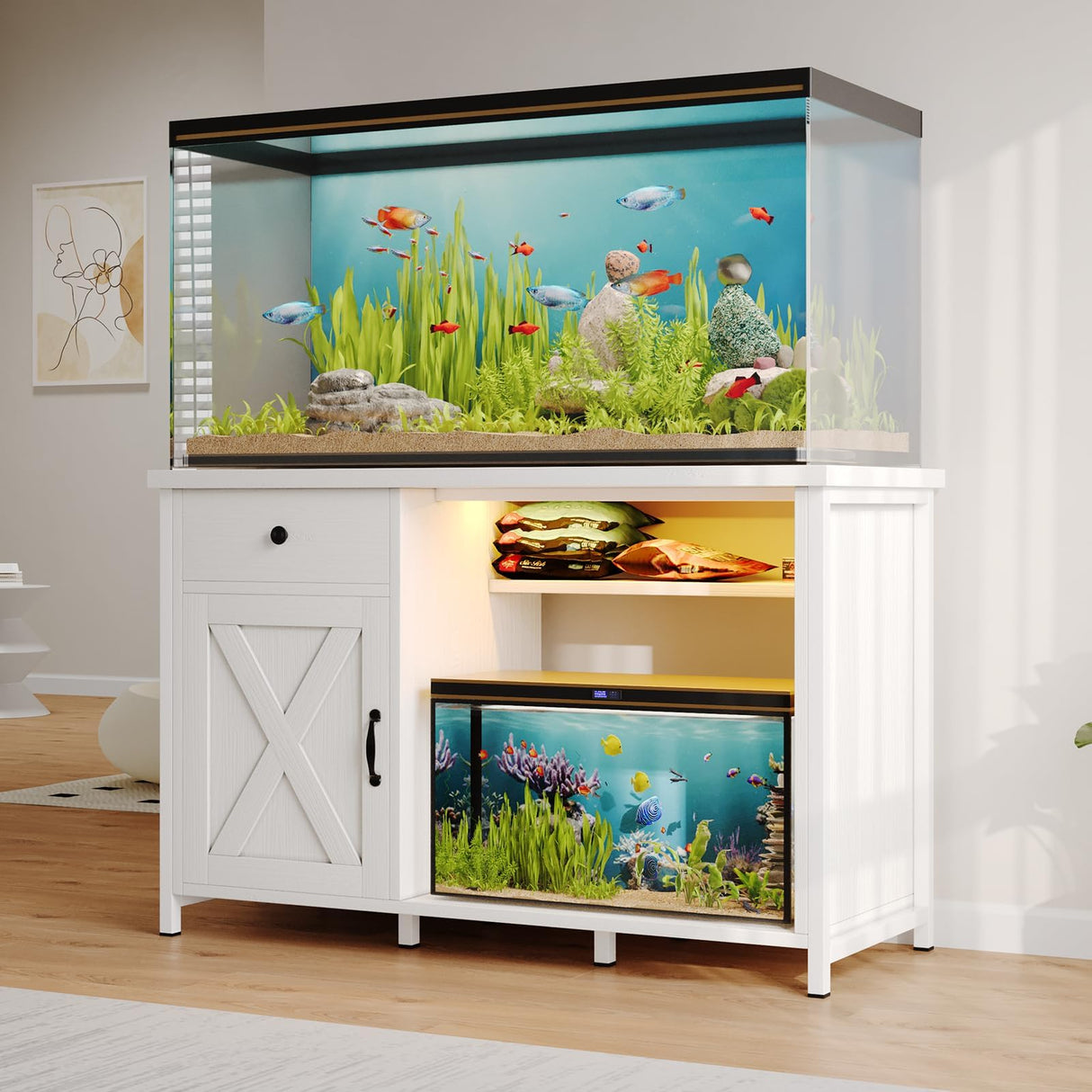 4ever2buy 55-75 Gallon Aquarium Stand with Power Outlets & LED Light, Metal Frame Fish Tank Stand with Drawer & Barn Door, Turtle Reptile Terrariums Stand with Fish Tank Accessories Storage (White) 4ever2buy