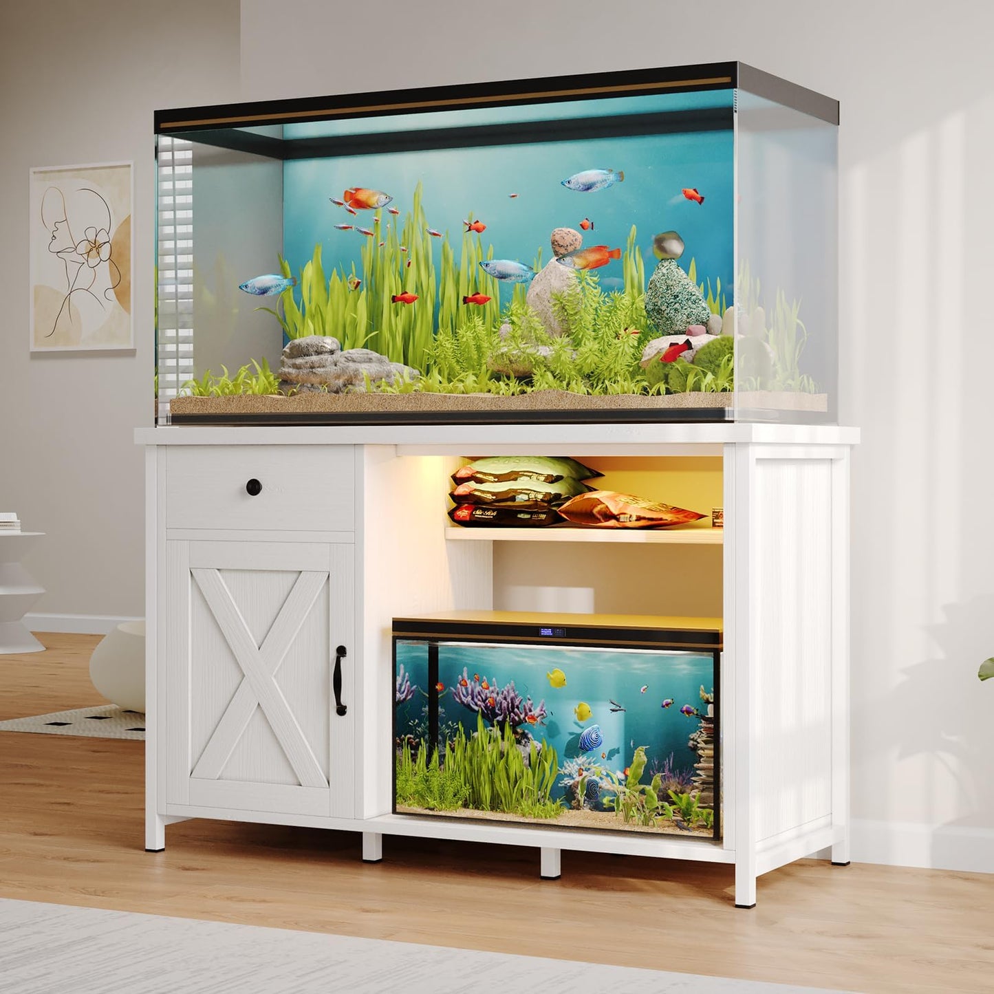 4ever2buy 55-75 Gallon Aquarium Stand with Power Outlets & LED Light, Metal Frame Fish Tank Stand with Drawer & Barn Door, Turtle Reptile Terrariums Stand with Fish Tank Accessories Storage (White)