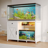 4ever2buy 55-75 Gallon Aquarium Stand with Power Outlets & LED Light, Metal Frame Fish Tank Stand with Drawer & Barn Door, Turtle Reptile Terrariums Stand with Fish Tank Accessories Storage (White) 4ever2buy