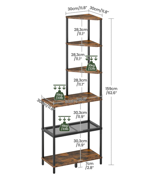 CHOEZON 6-Tier Corner Shelf, Industrial Corner Bookshelf with Desk Top, Diamond-Shaped Storage Shelves, Display Stand for Small Spaces, Living Room, Home Office, Foyer, Rustic Brown and Black TCJ70BF CHOEZON