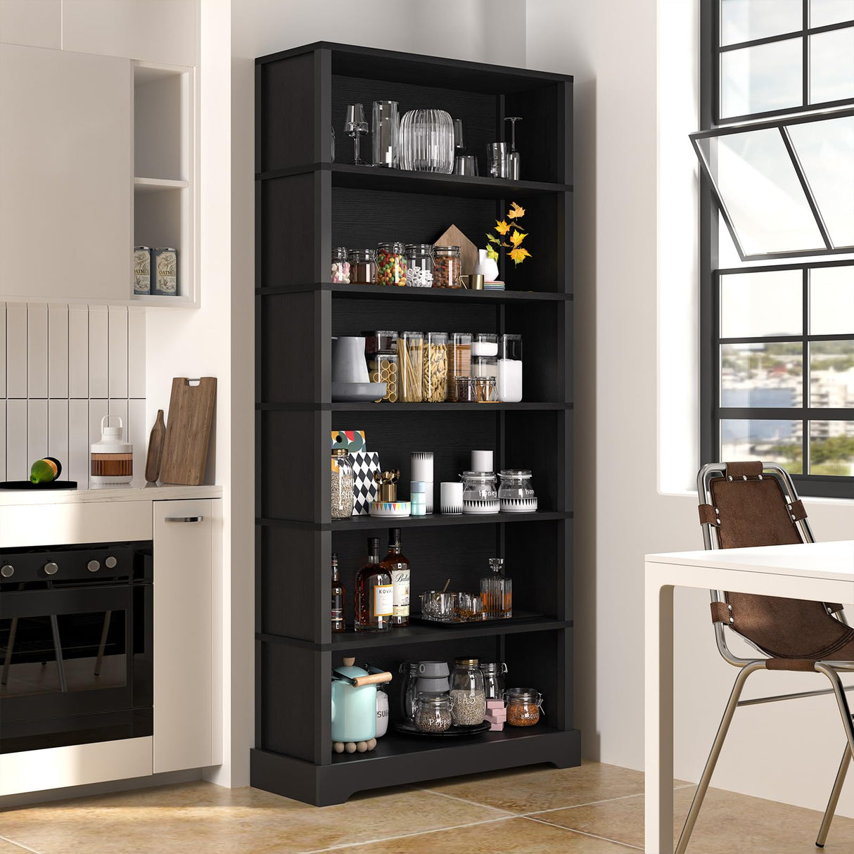 TVU 6-Tier Wooden Bookshelf, 77.2" Tall Farmhouse Style Open Bookcase, 31.5" W Standing Book Shelf with Storage, Suitable for Study, Living Room, Office, Blcak TVU