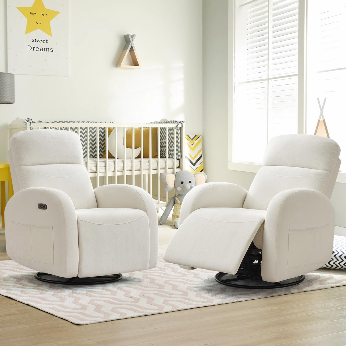 Power Nursery Glider Recliner, Chenille Electric Rocker Recliner with Type-C & USB Port, Nursery Swivel Rocker Recliners with Double Pockets for Adult, Cream White AEMEIOS