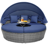 RELAX4LIFE Round Outdoor Daybed with Canopy, Rattan Wicker Sectional Sofa Set w/Cushions, Height Adjustable Table, Conversation Bed Lounger Separated Seating for Outside Pool, Patio Daybed (Navy) RELAX4LIFE