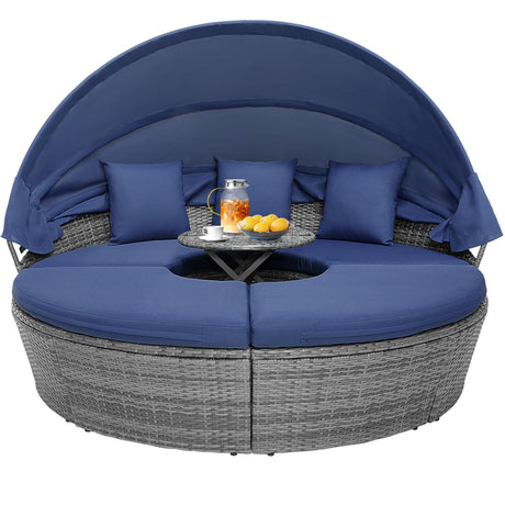 RELAX4LIFE Round Outdoor Daybed with Canopy, Rattan Wicker Sectional Sofa Set w/Cushions, Height Adjustable Table, Conversation Bed Lounger Separated Seating for Outside Pool, Patio Daybed (Navy) RELAX4LIFE