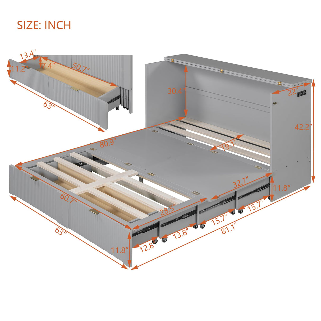 Harper & Bright Designs Queen Size Murphy Bed, Wood Queen Wall Bed with Drawer and a Set of Sockets & USB Ports, Pulley Structure Design, Gray Harper & Bright Designs