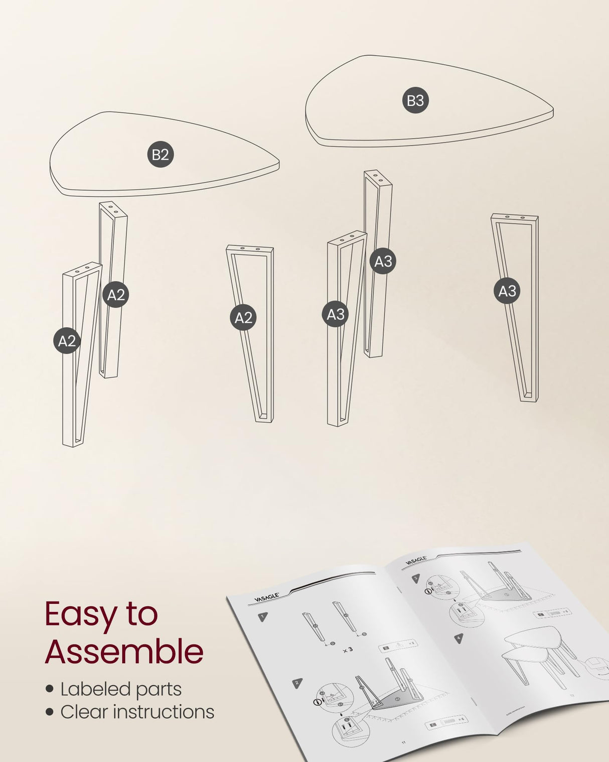 VASAGLE Nesting Coffee Tables, End Tables Set of 2 for Living Room Bedroom, Industrial Small Stacking Side Tables with Metal Frame for Couch, Charcoal Gray and Black ULET013B56 VASAGLE