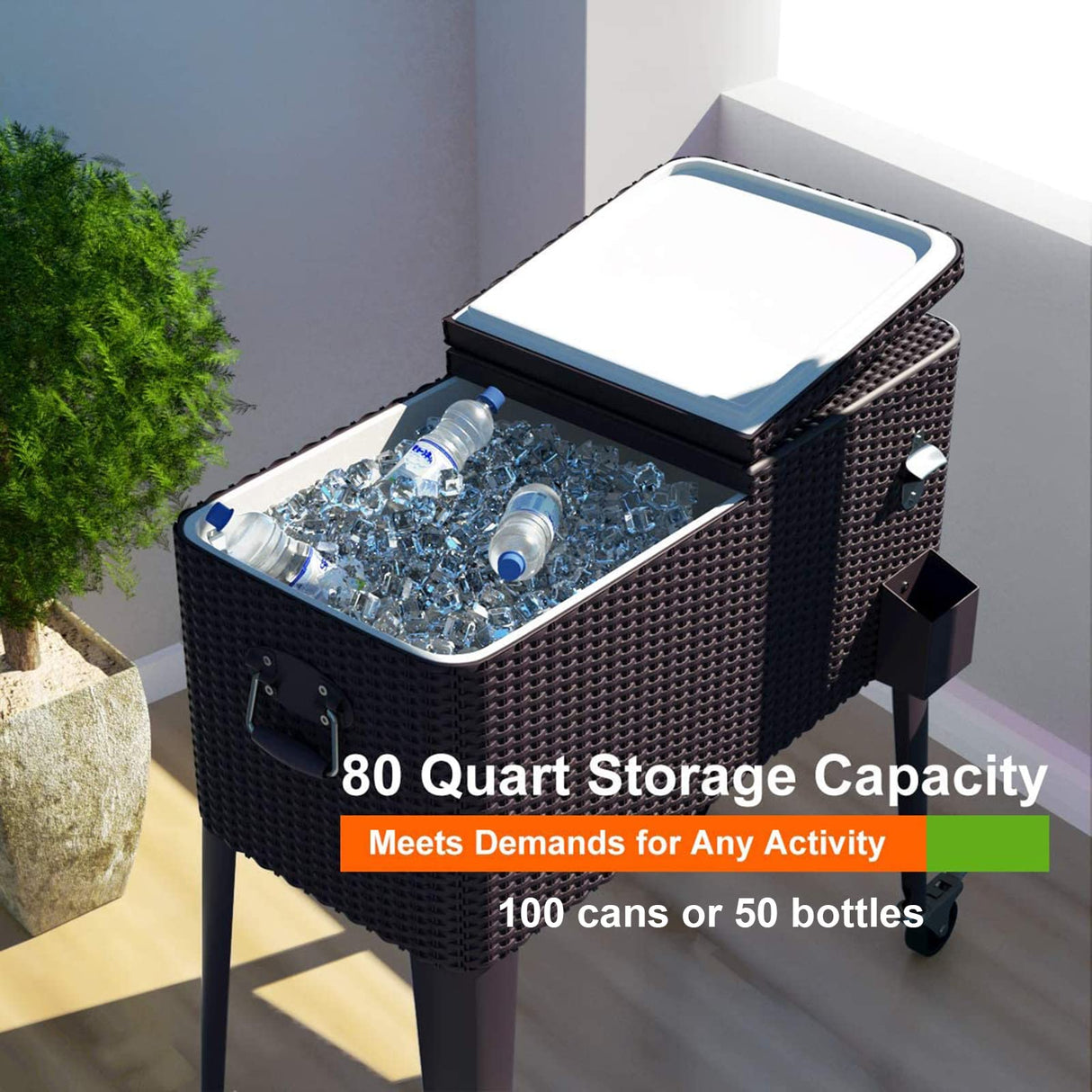 Giantex 80 Quart Rattan Rolling Cooler Cart Outdoor Patio Portable Party Drink Beverage Bar Cold Beach Chest Cart on Wheels, Brown Wicker, 32.7''(L) X18.9''(W) X43.3''(H) Giantex