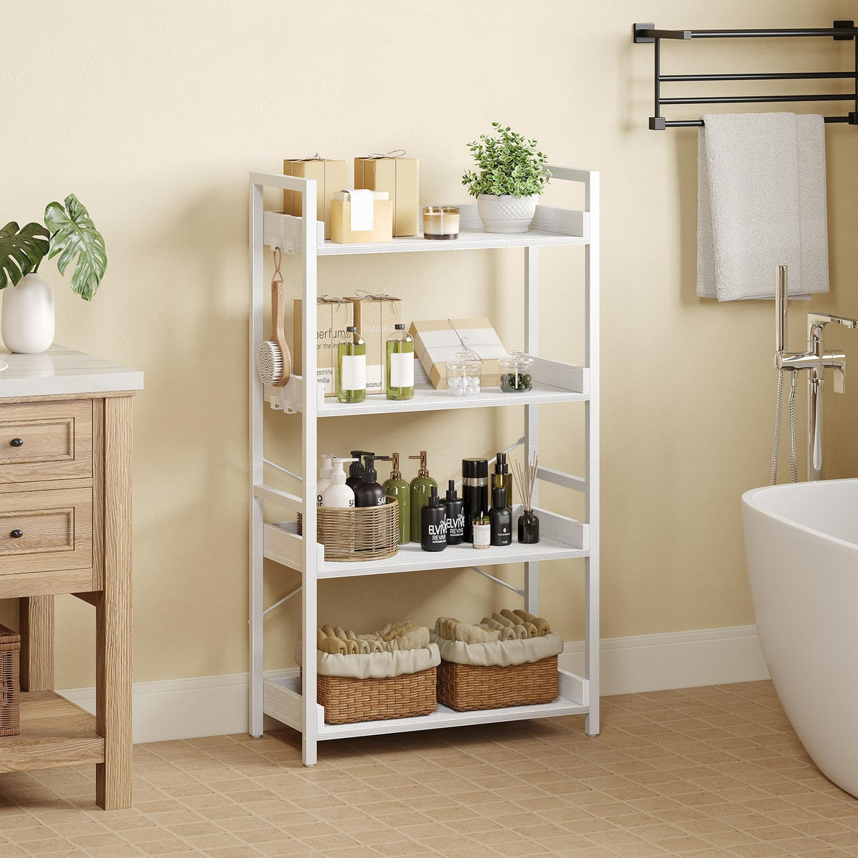 Rolanstar Bookshelf 4 Tier with 4 Hooks, Industrial Wood Bookcase, Vintage Storage Rack with Open Shelves, Rustic Standing Bookshelves Metal Frame Display Rack for Living Room, Bedroom, White Rolanstar