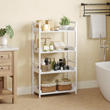 Rolanstar Bookshelf 4 Tier with 4 Hooks, Industrial Wood Bookcase, Vintage Storage Rack with Open Shelves, Rustic Standing Bookshelves Metal Frame Display Rack for Living Room, Bedroom, White Rolanstar
