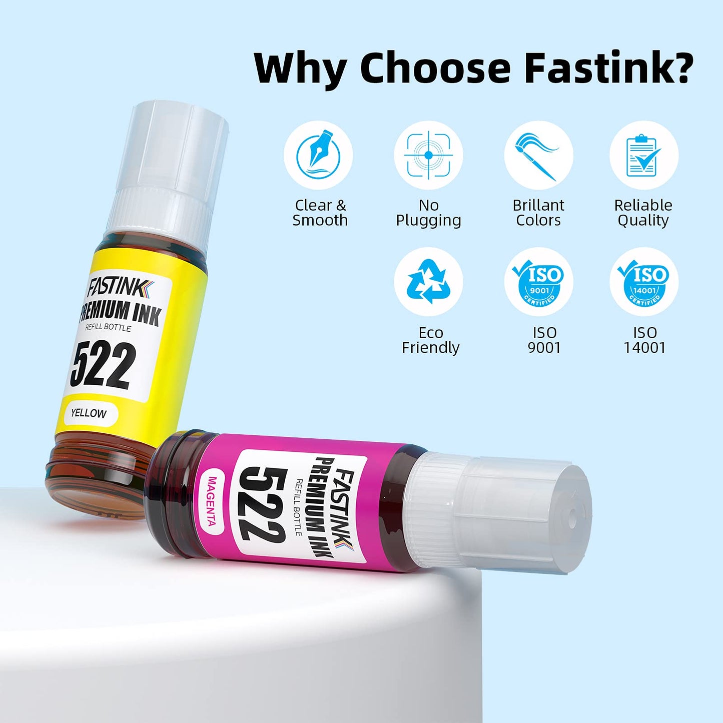 FASTINK 522 Black Ink Bottles High Yield Replacement for Epson 522 Ink Bottles Black Work with Epson ET-2800,ET-2720,ET-2803,ET-4800,ET-4700,ET-2400,ET-2840,ET-4810 Printer,522 Ink Refill Bottles