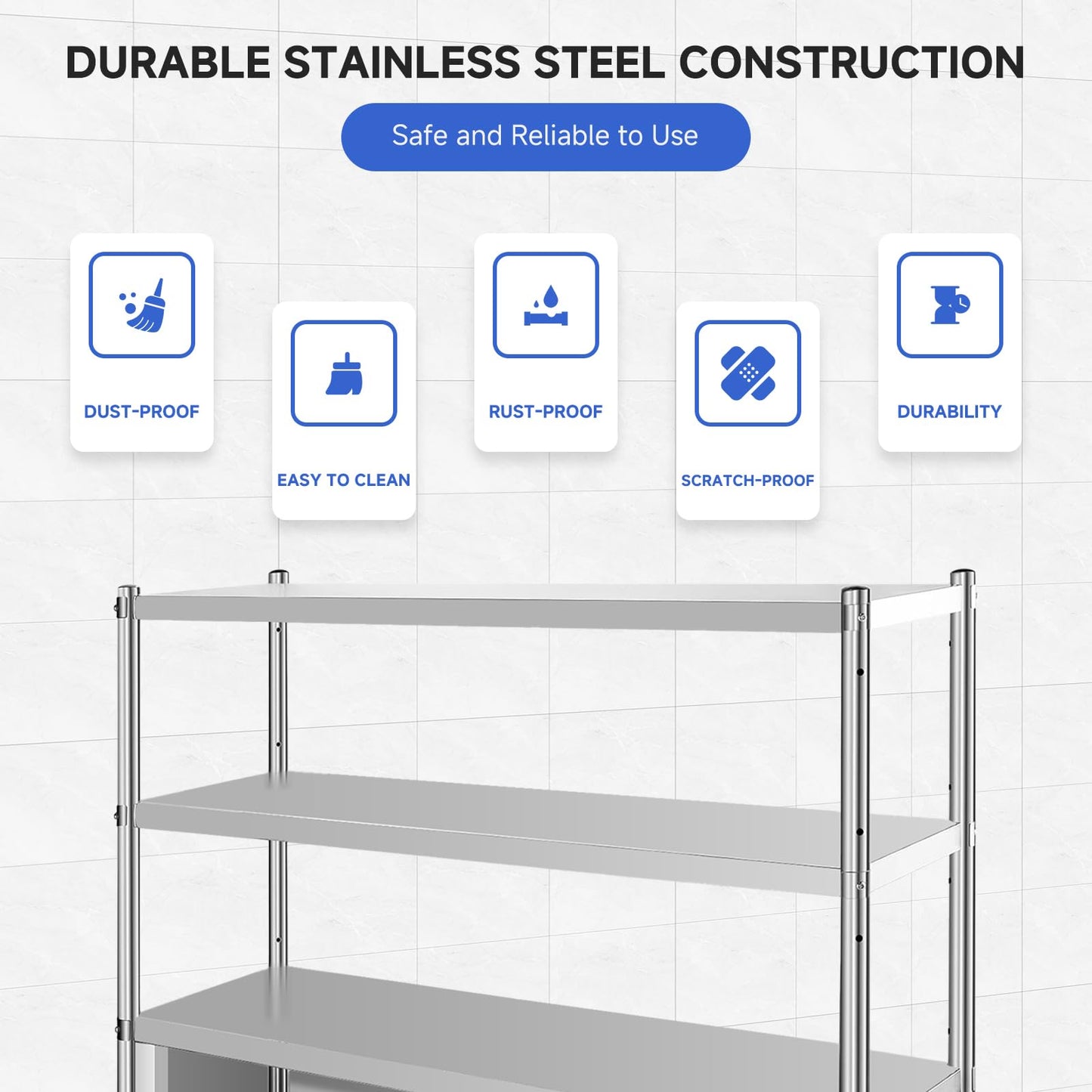 Garvee Stainless Steel Shelves,48x18x60 in Storage Shelf 4-Tier Heavy Duty Adjustable Shelf Unit with Cabinet for Kitchen Garage Office Restaurant Warehouse,330lb Per Shelf