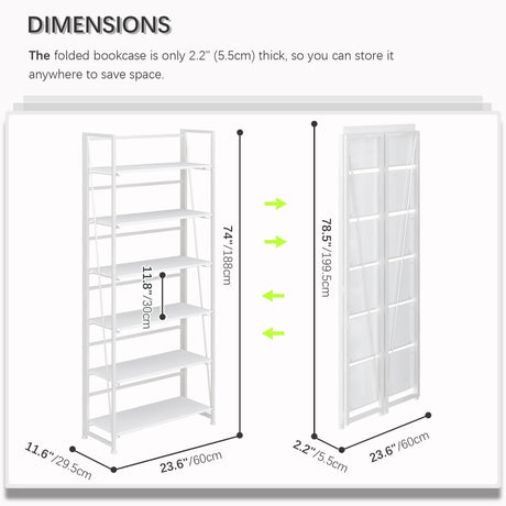 4NM No Assembly Folding Bookshelf, 6-Shelf 74" H Collapsible Foldable Bookcase Storage for Small Spaces, All White 4NM