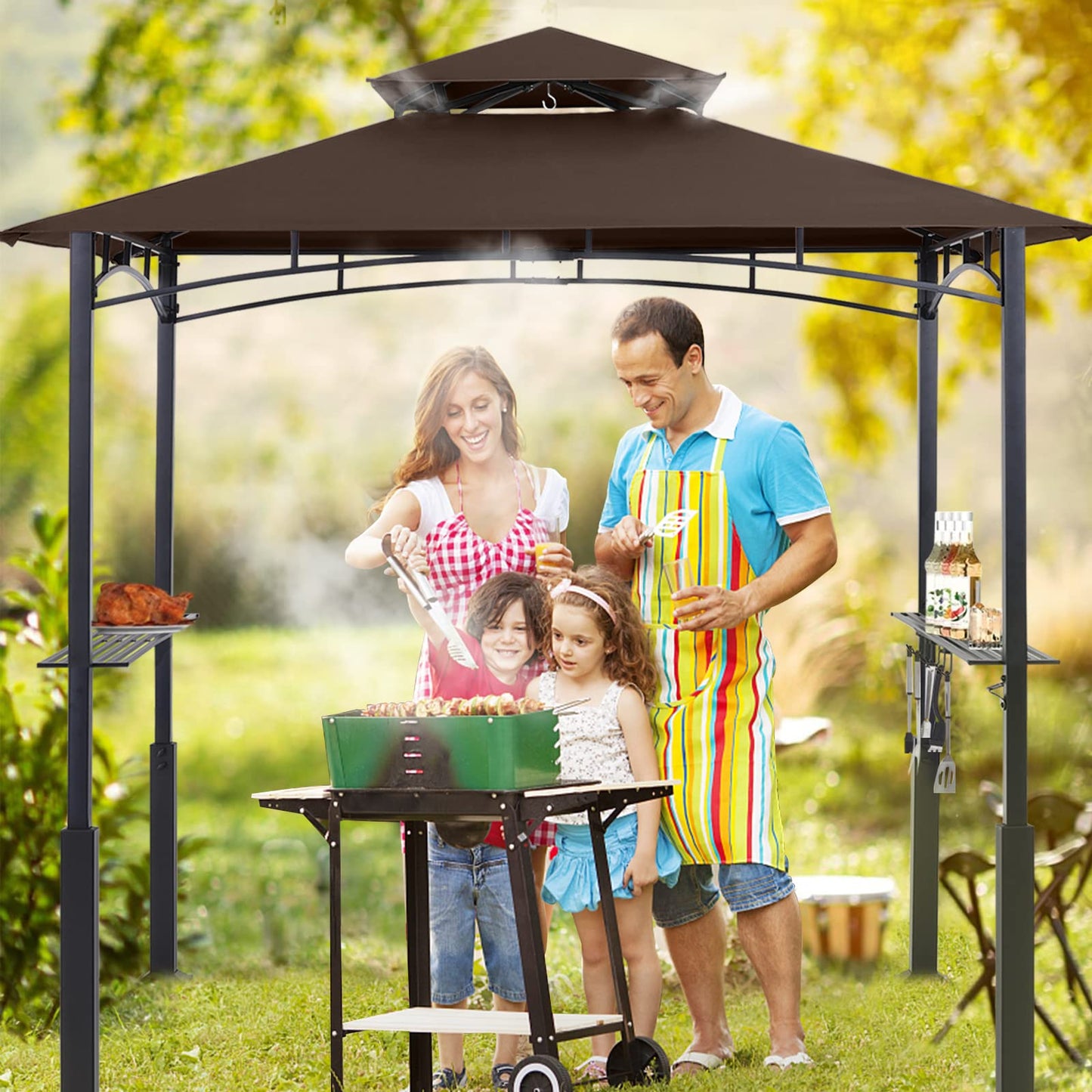 ABCCANOPY 8'x 5' Grill Gazebo Canopy - Outdoor BBQ Gazebo Shelter with LED Light, Patio Canopy Tent for Barbecue and Picnic (Brown)