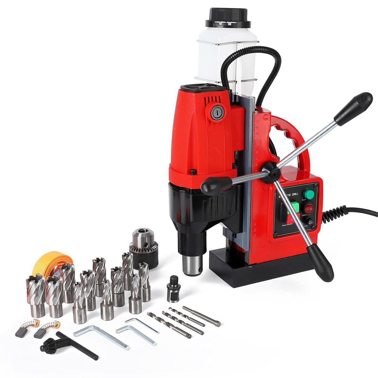 GARVEE Magnetic Drill Press, 1100W 550RPM Portable Mag Drill Press, Magnetic Core Drilling Machine for Metal Working,14Pcs Annular Cutters Drill Bits，Red GARVEE