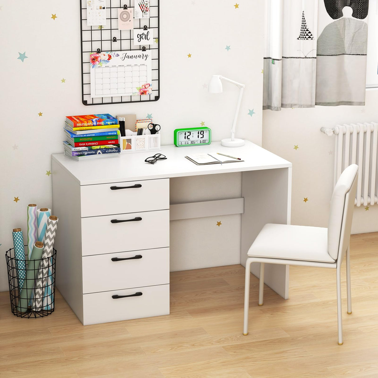 IFANNY White Computer Desk, 43.5’’ Writing Desk with 4 Large Drawers, Modern Executive Desk, Wood Vanity Table with Storage, Student Desk for IFANNY