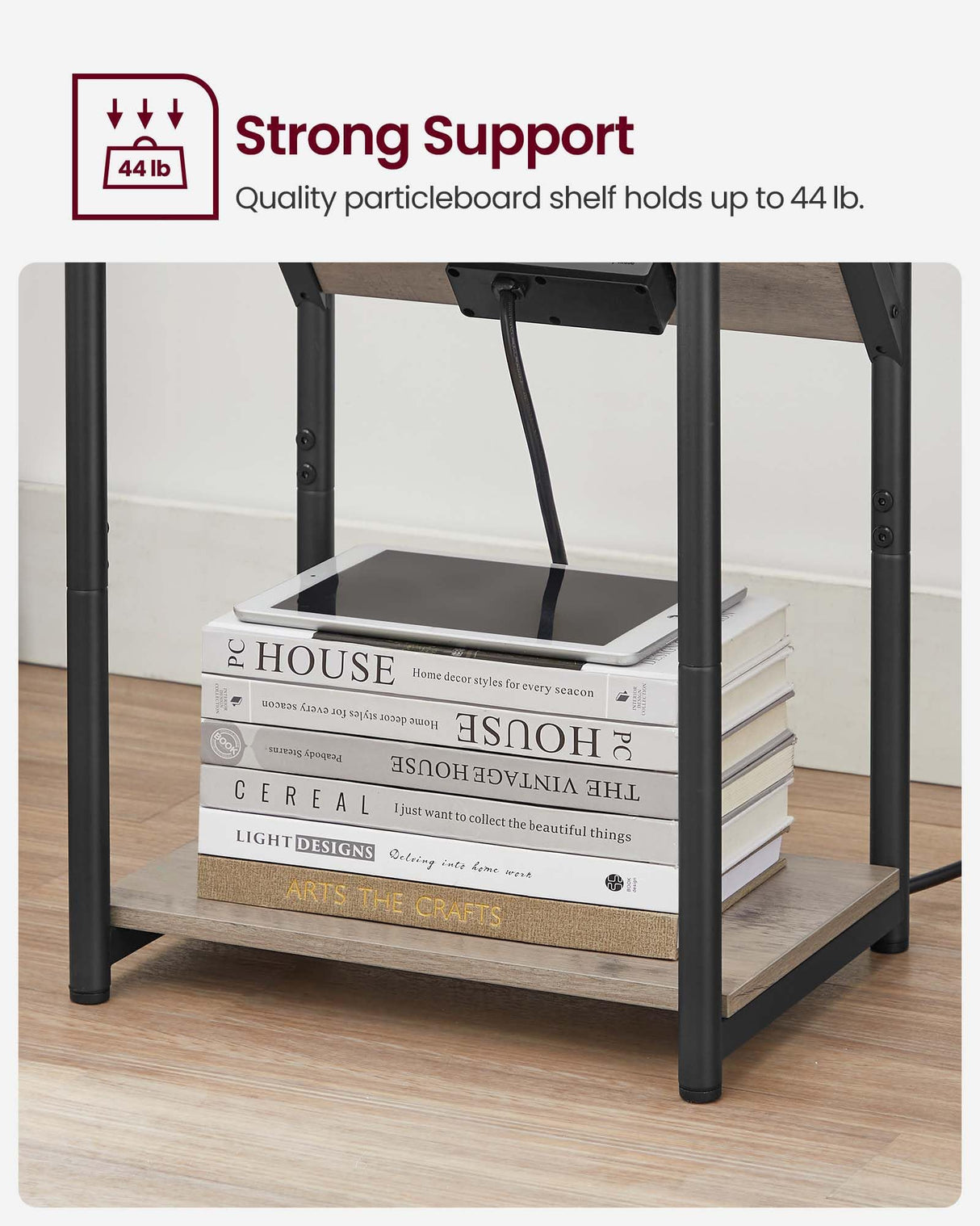 VASAGLE End Table with Charging Station, Set of 2, Small Side Tables for Living Room, Bedroom, Nightstand with Outlets and USB Ports, Bedside Table with Storage Shelf, Heather Greige and Black VASAGLE