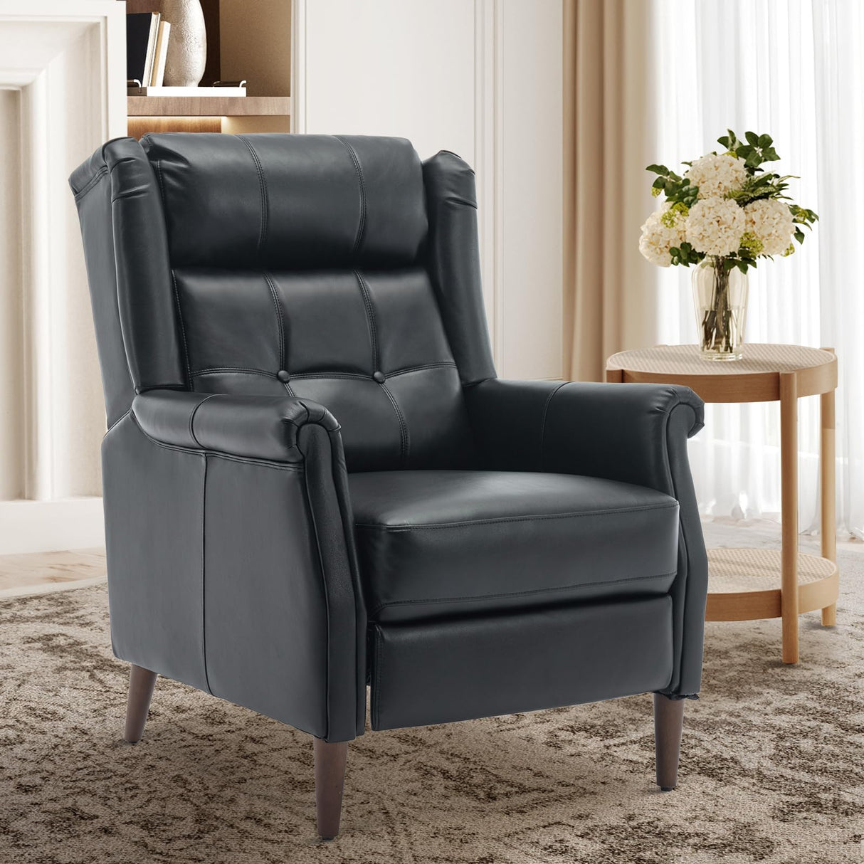 COLAMY Wingback Pushback Recliner Chair, Modern Upholstered Leather Living Room Chair Armchair with Button Tufted Back, Black COLAMY