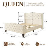 SwnftWinnt Queen Bed Frame Velvet Upholstered Platform Bed Frame with Button Tufted Tall Wingback Headboard, Low Profile, Nailhead Trim, No Box Spring Needed, Noise Free, Beige SwnftWinnt