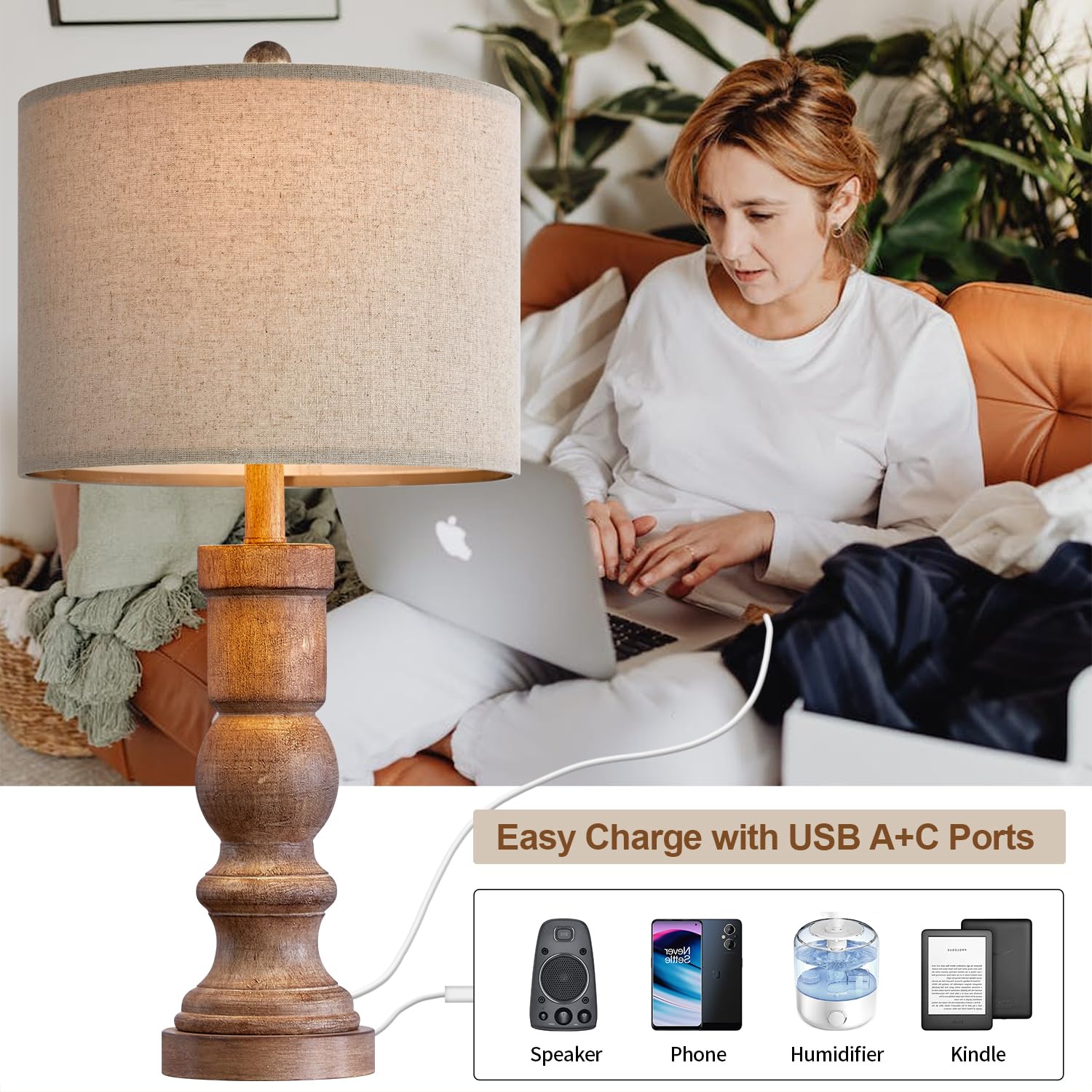 OYEARS 24.75" Table Lamps for Living Room Bedroom Set of 2 Farmhouse USB A+C Bedside Lamp Vintage Retro Resin Lamps Linen Shade Nightstand Home Office(Grainy) - WoodArtSupply