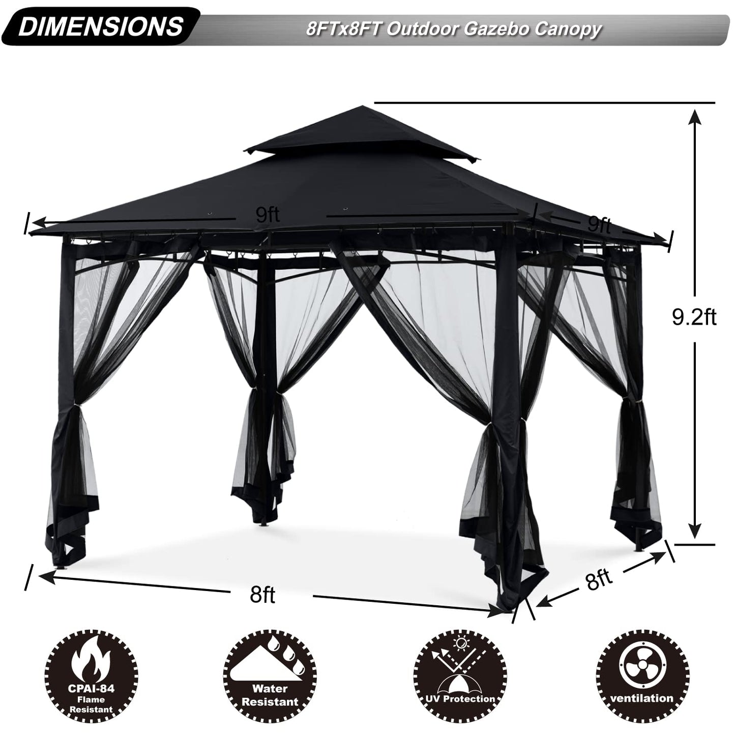 ABCCANOPY Gazebos for Patios 8x8 - Outdoor Steel Frame Gazebo with Mosquito Netting for Lawn Backyard Garden Deck (Black)