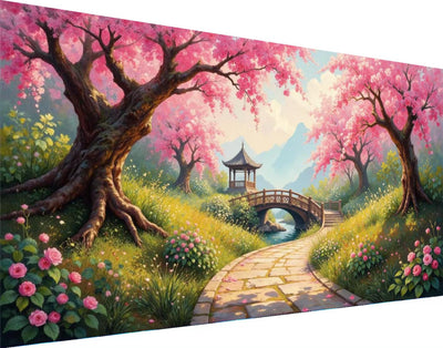 Pixendra Landscape Diamond Art Kits for Adults,DIY 5D Sakura Diamond Painting Kits for Beginners,Bridge Round Full Drill Diamond Dots Picture Gem Art Craft for Home Wall Gifts 15.7x27.5 inch