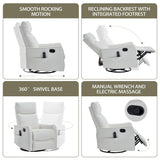 PELUMY Recliner Chair Swivel Rocking with Heat Massage - 360° Manual Recliner, 8-Point Vibrating & Lumbar Heat, Easy Assembly Chair for Living Room (Breathable Leather, White) PELUMY