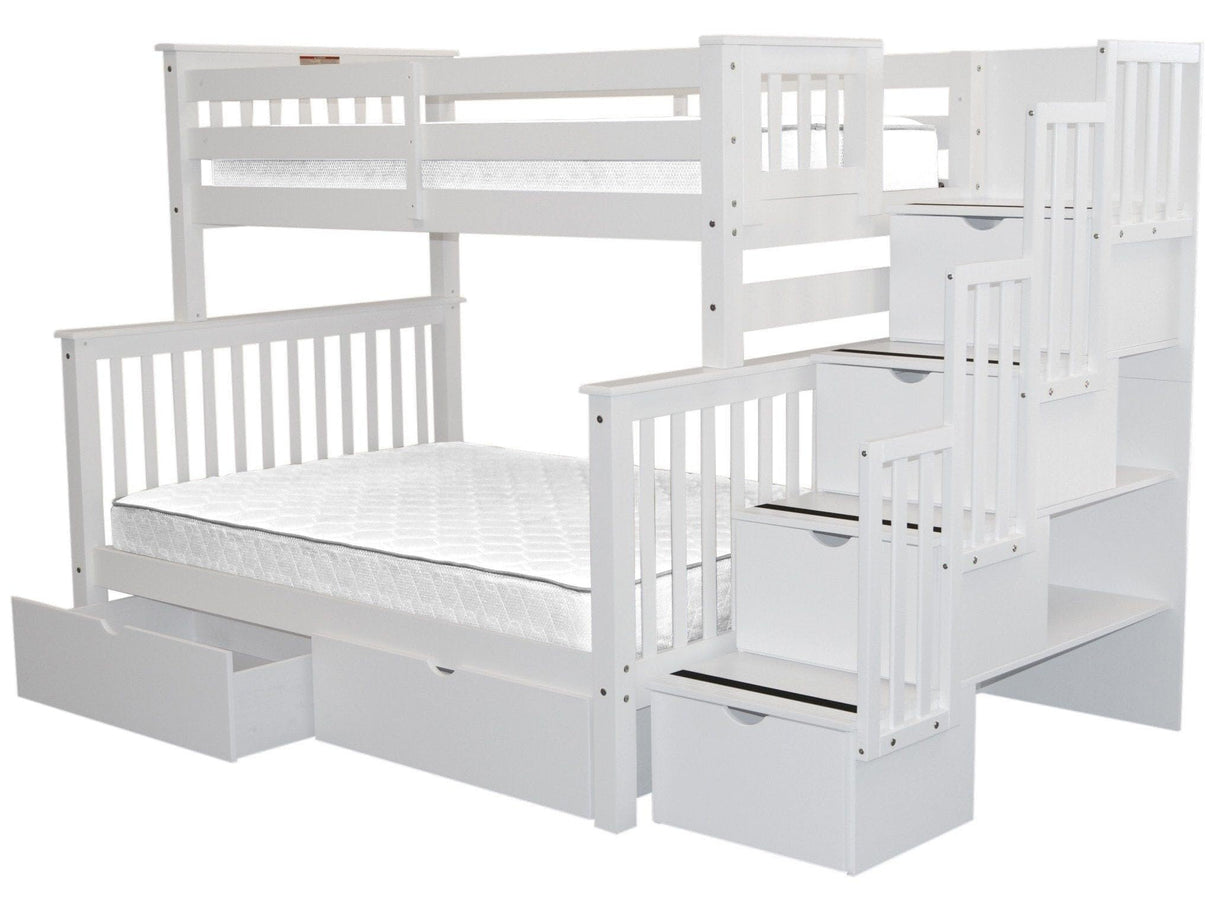 Bedz King Stairway Bunk Beds Twin over Full with 4 Drawers in the Steps and 2 Under Bed Drawers, White Bedz King