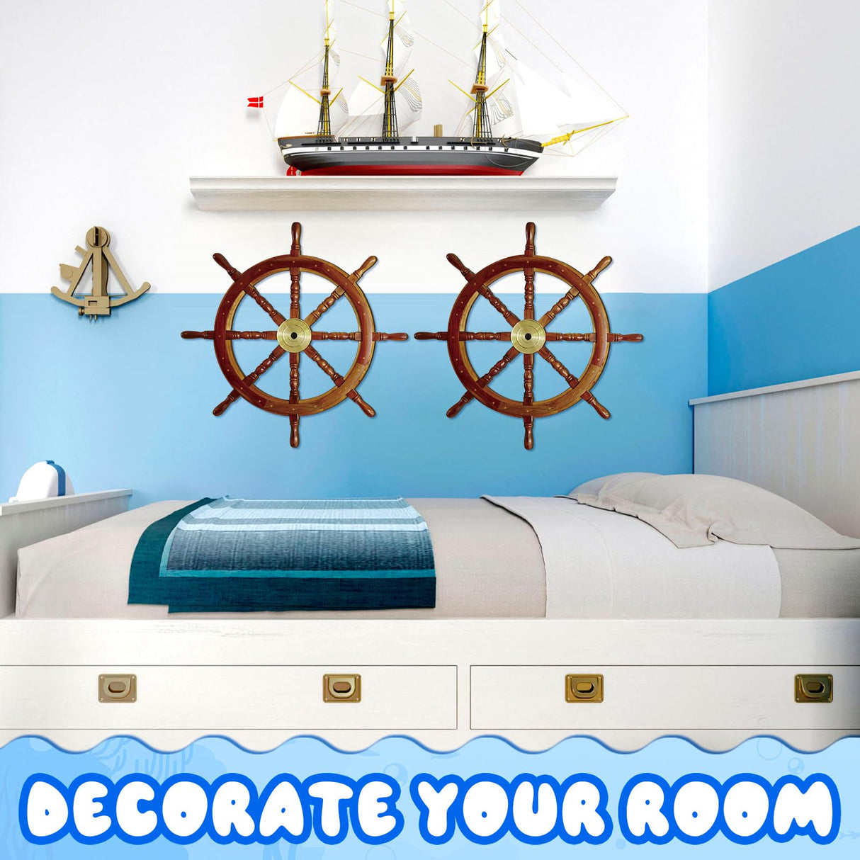 Tatuo 2 Pcs Ship Wheel Wall Decor Pirate Decorations Thin Flat Wooden Nautical Wall Art 2D Wood Beach Boat Cruise Ship Steering Wheel for Home Bedroom Decor(18 Inch) Tatuo