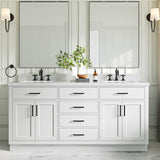 ARIEL Hepburn 72" White Double Vanity, 1.5" Edge Carrara Quartz Countertop & Splash, Rectangular Sinks, 4 Soft Closing Doors, 6 Full Extension Dovetail Drawers, Toe Kick, Matte Black ARIEL