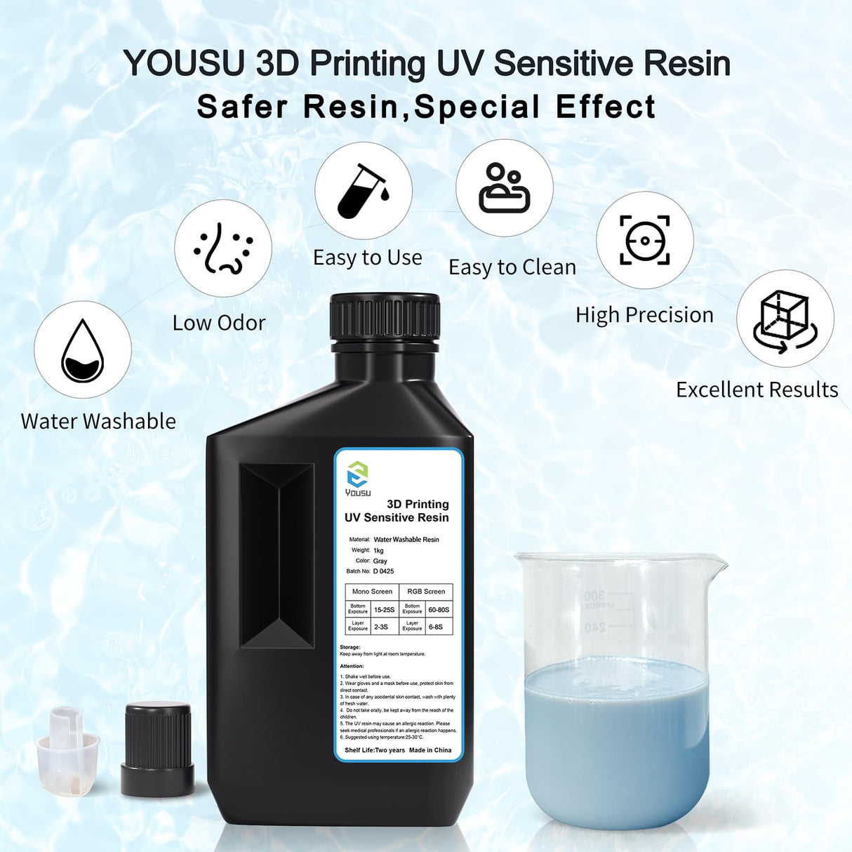 YOUSU Water-Washable Low Odor LCD 3D Printer Resin UV-Curing 405nm 3D Resin Suitable for Mono Screen and RGB Screen High Resolution 3D Printing Liquid Gray Color 1000g Yousu