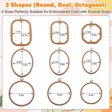 Qunclay 9 Pcs Large Embroidery Hoop Frame Decorative Imitated Wood Display Frame Circle Oval Octagonal Cross Stitch Hoop Ring for Art Craft DIY Sewing and Hanging Ornaments Decor(Mixed Shape) Qunclay