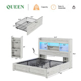 AMERLIFE Queen Bed Frame with 4 Storage Drawer, LED Bed Frame with 49.6" Tall Bookcase Headboard, Wood Platform Bed with Charging Station & 2 Slide Bedside Shelf, No Box Spring Needed/Distressed White AMERLIFE