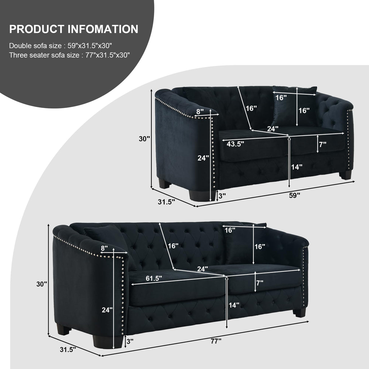 Sectional Couch for Living Room, Luxury 2 Piece Chesterfield Velvet Sofa Set 77" 3-Seater + 59" Loveseat, Modern Tufted Upholstery with Nailhead Arms and 4 Cushions for Office & Coffee Bars, Black BUIORD