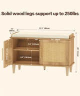 Akxomel Natural Rattan Shoe Storage Bench with Cushion, Entryway Shoe Cabinet Bench with 2 Doors, 15"D x 31.5"W x 20"H, Wooden Shoe Organizer, Adjustable Shelf, Solid Wood Legs, for Hallway, Bedroom Akxomel