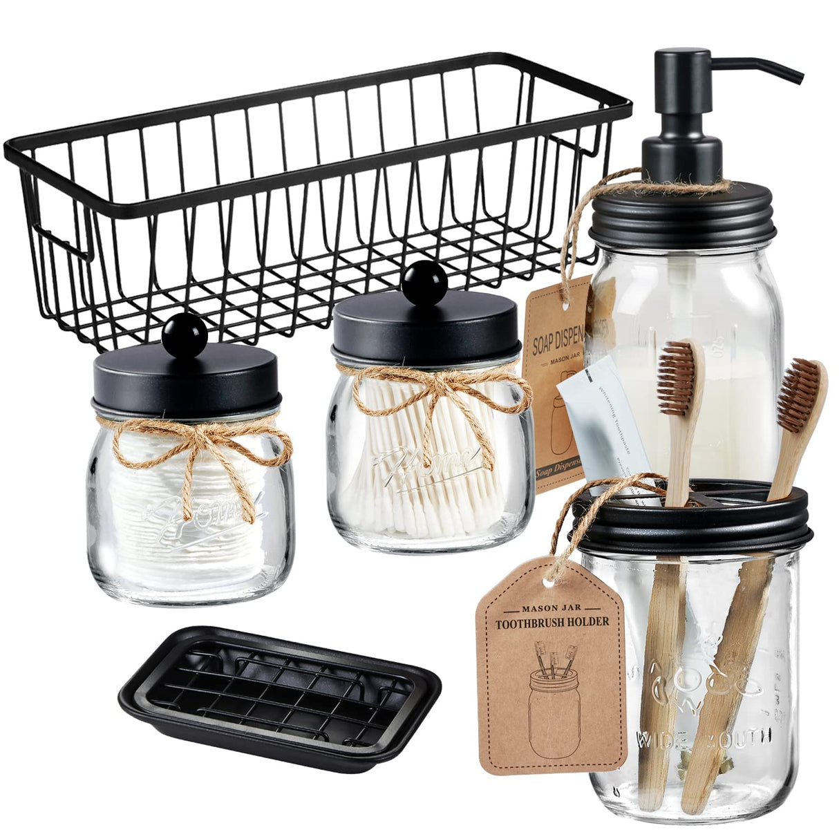 SheeChung 6Pcs Mason Jars Bathroom Accessories Set Complete - Toothbrush Holder, Lotion Soap Dispenser, 2 Mason Jars, Soap Dish, Toilet Paper Basket, Rustic Farmhouse Decor (Black, 6Pcs Bathroom Set) SheeChung