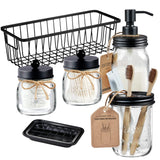 SheeChung 6Pcs Mason Jars Bathroom Accessories Set Complete - Toothbrush Holder, Lotion Soap Dispenser, 2 Mason Jars, Soap Dish, Toilet Paper Basket, Rustic Farmhouse Decor (Black, 6Pcs Bathroom Set) SheeChung